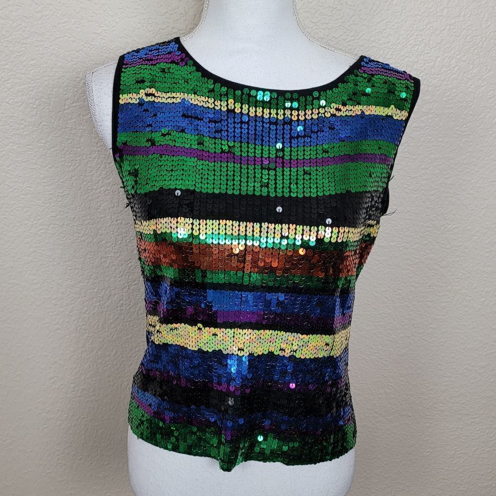 J.A.C. Multicolor Sequin Striped Sleeveless Top Small Vintage (6852)
